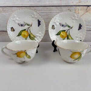 Grace Teaware Lemon Bee Butterfly Cups Saucers Set of 2 Fine Porcelain